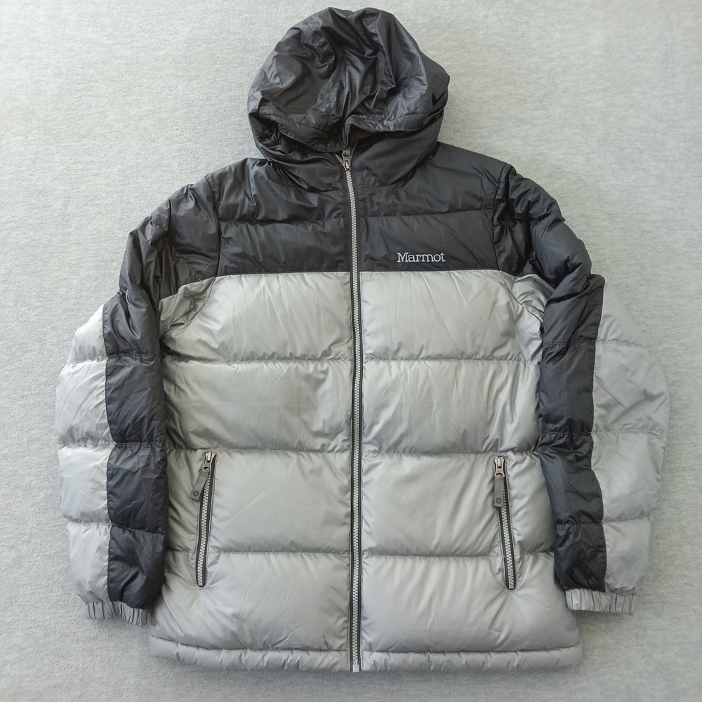 Marmot P73700 700 Fill Down Puffer Jacket XXL Black Silver Hooded Parka RDS